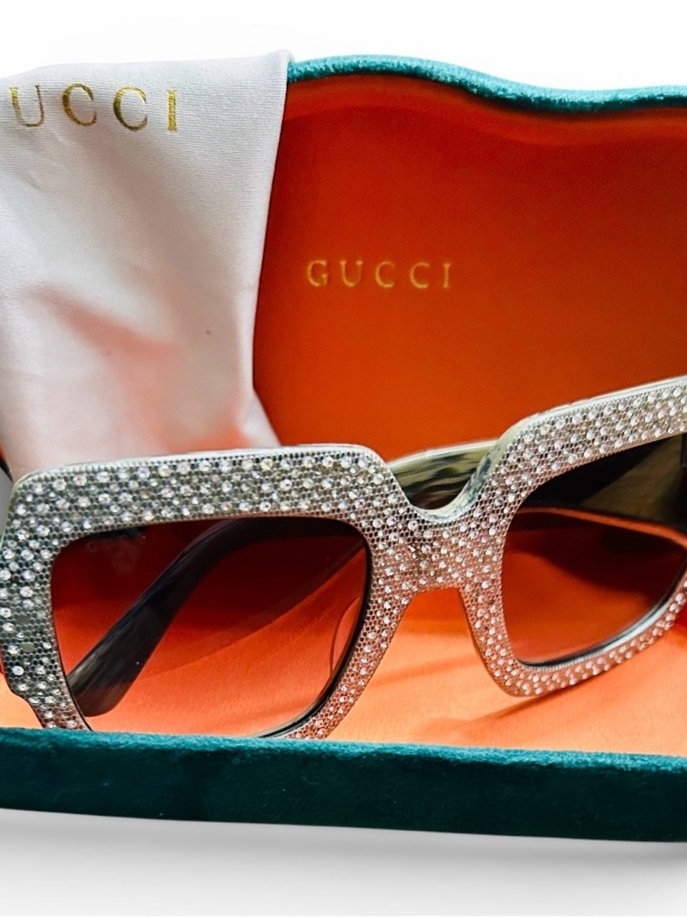 Gucci Crystal-Embellished Silver Frame Sunglasses with Brown Gradient Lenses